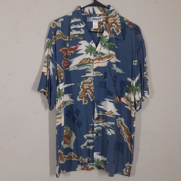Utility Hawaiian Shirt Aloha Mens Size Medium Beach Blue Palm Trees Tropical - Picture 1 of 8